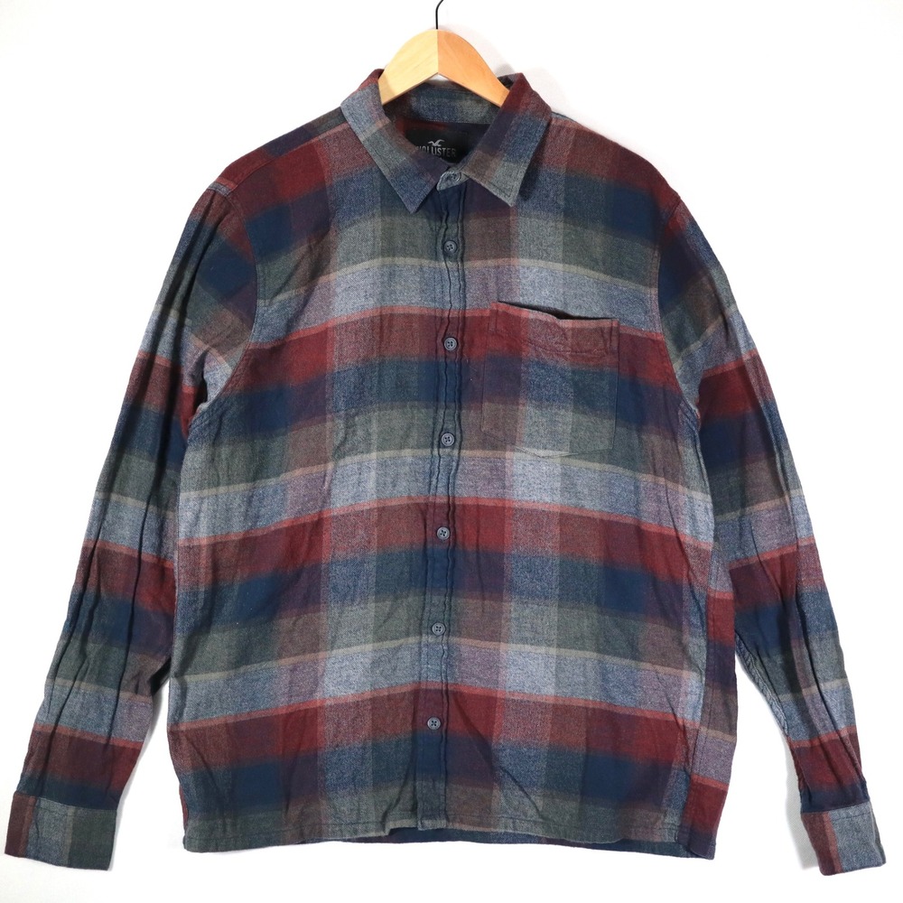 Hollister Flannel Shirt Mens XL Burgundy Blue Plaid Button Up Long Sleeve Casual